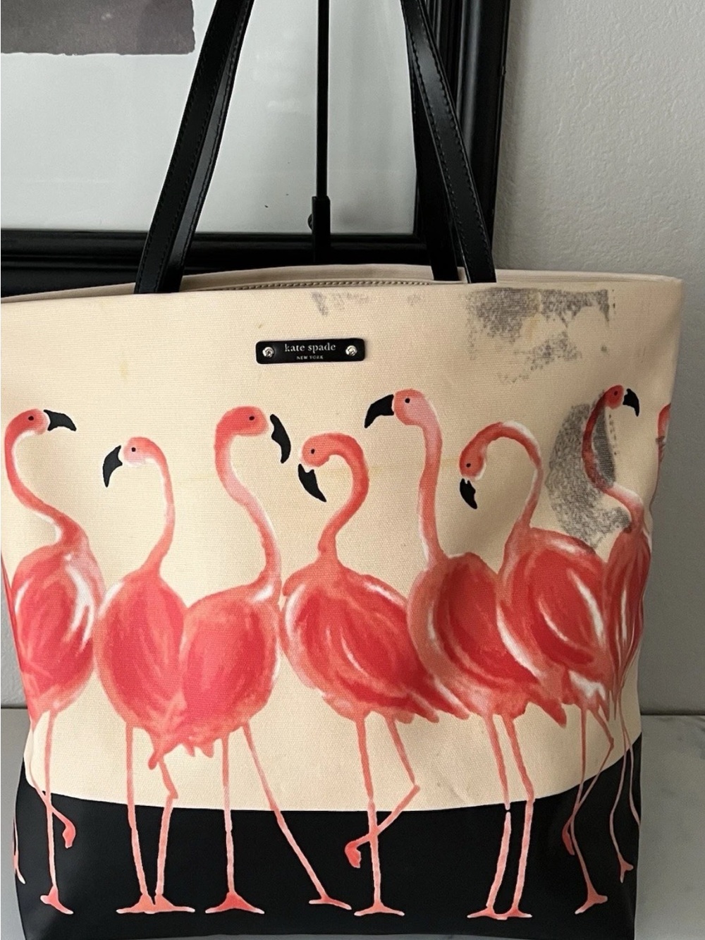 kate spade New York Flamingo Print Canvas Tote -this bag has flaws